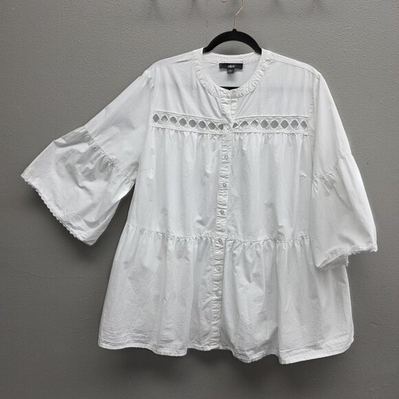 Ellos Shirt Womens 20 Plus White Boho Tunic Eyelet Lace Button Front 3/4 Sleeve - Picture 1 of 10